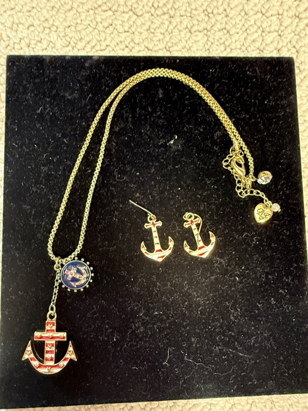 Betsey Johnson- Gold-Tone Red & White Anchor Necklace and Earrings Set